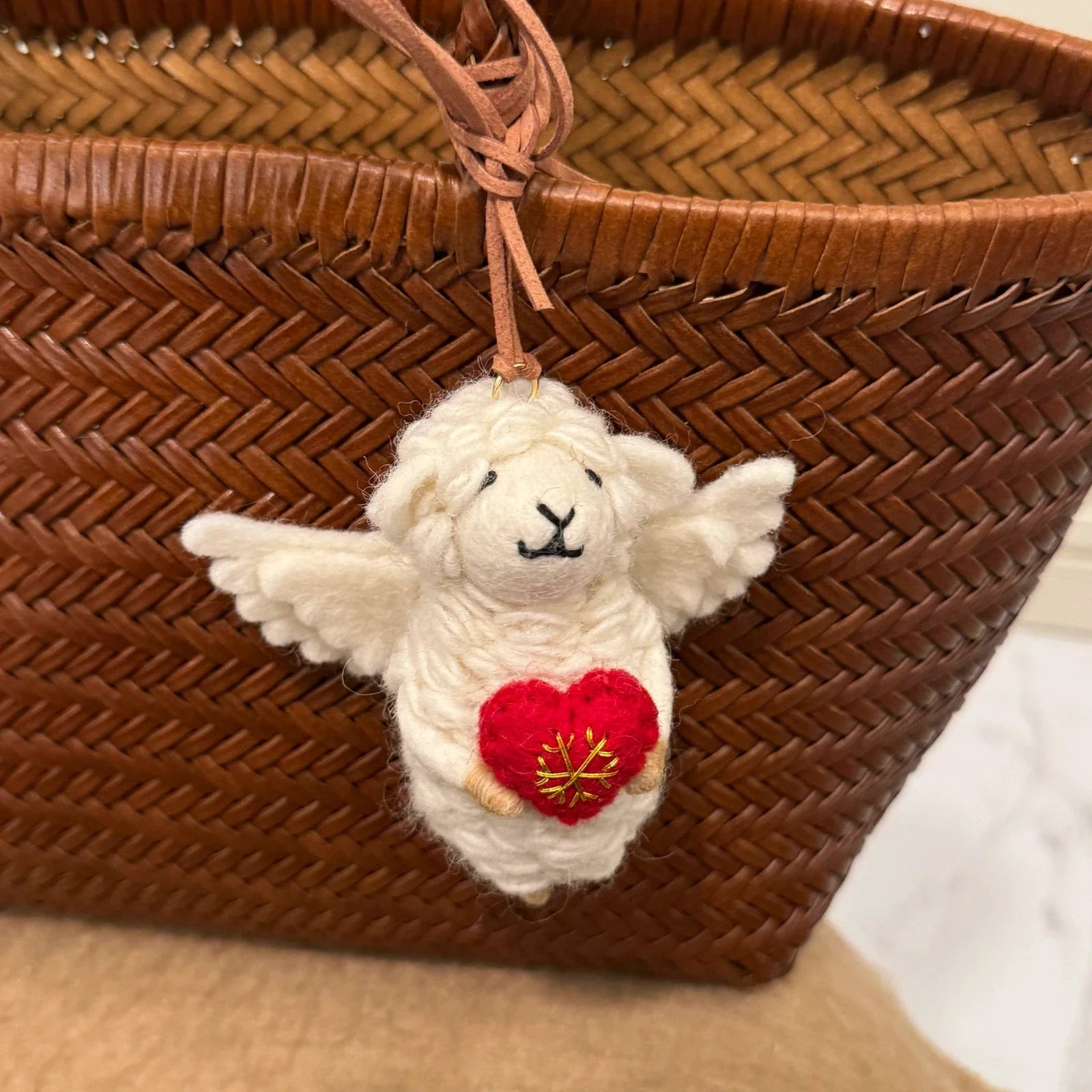 Handmade wool felt sheep bag charm – angel sheep