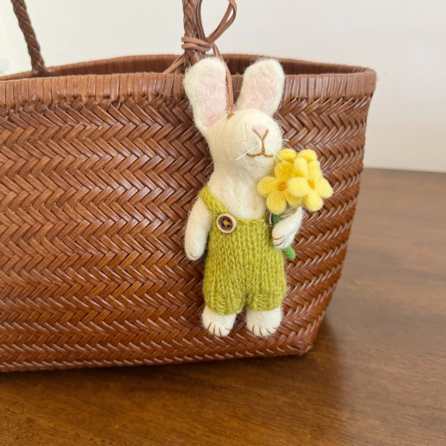 green rabbit yellow flower handmade wool felt bag charm