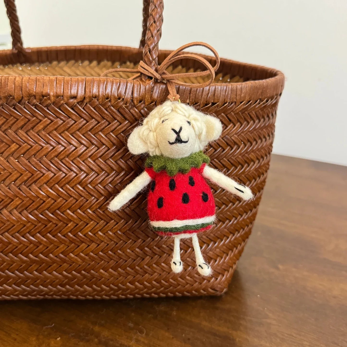 Handmade wool felt sheep bag charm – watermelon sheep