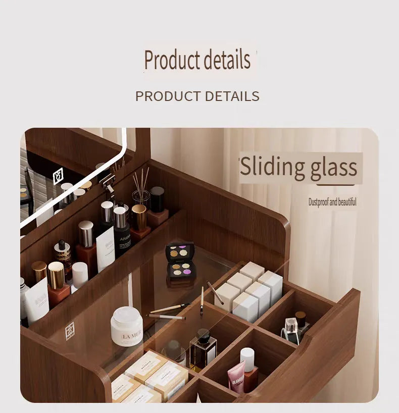 Compact Flip-Top Makeup Vanity with Lighted Mirror and Glass Desktop – 48 cm / Walnut – view 2