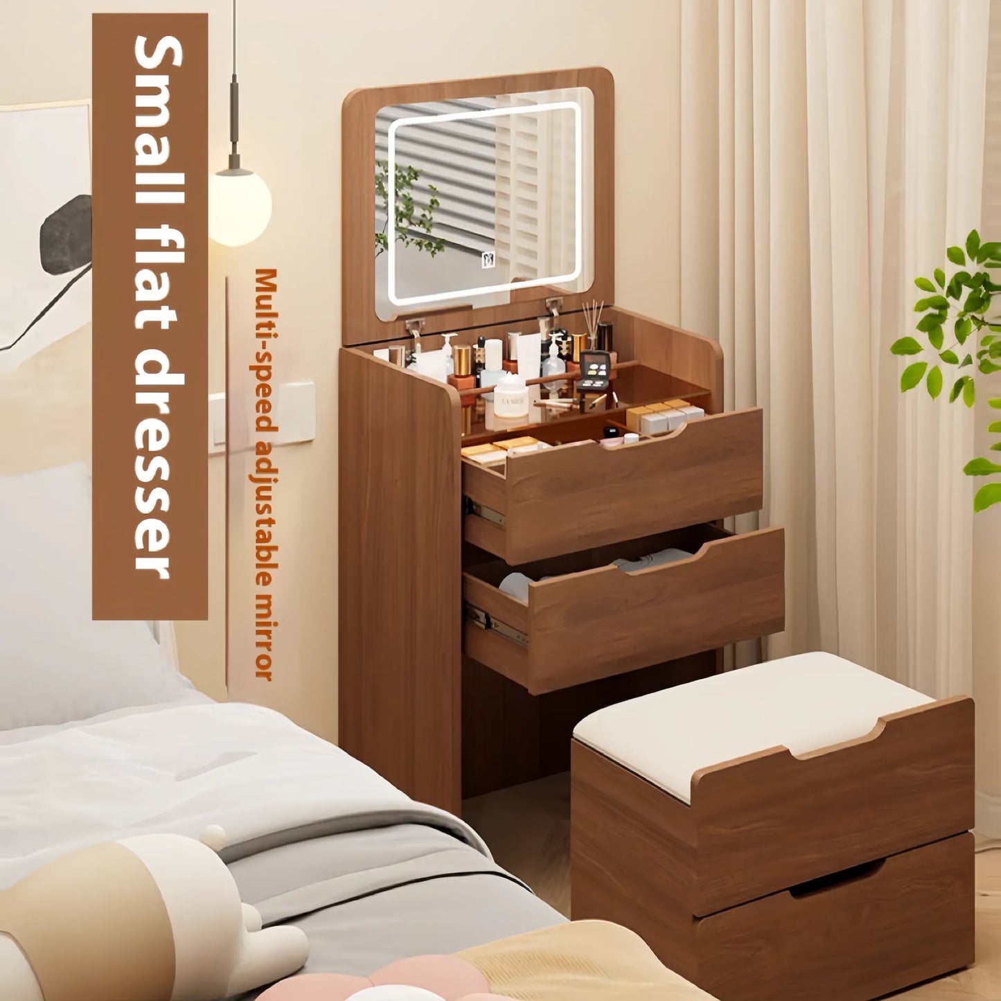 Compact Flip-Top Makeup Vanity with Lighted Mirror and Glass Desktop – 48 cm / Walnut – view 3