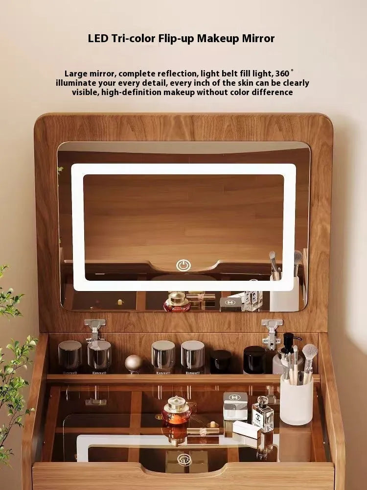 Compact Flip-Top Makeup Vanity with Lighted Mirror and Glass Desktop – 48 cm / Walnut – view 4