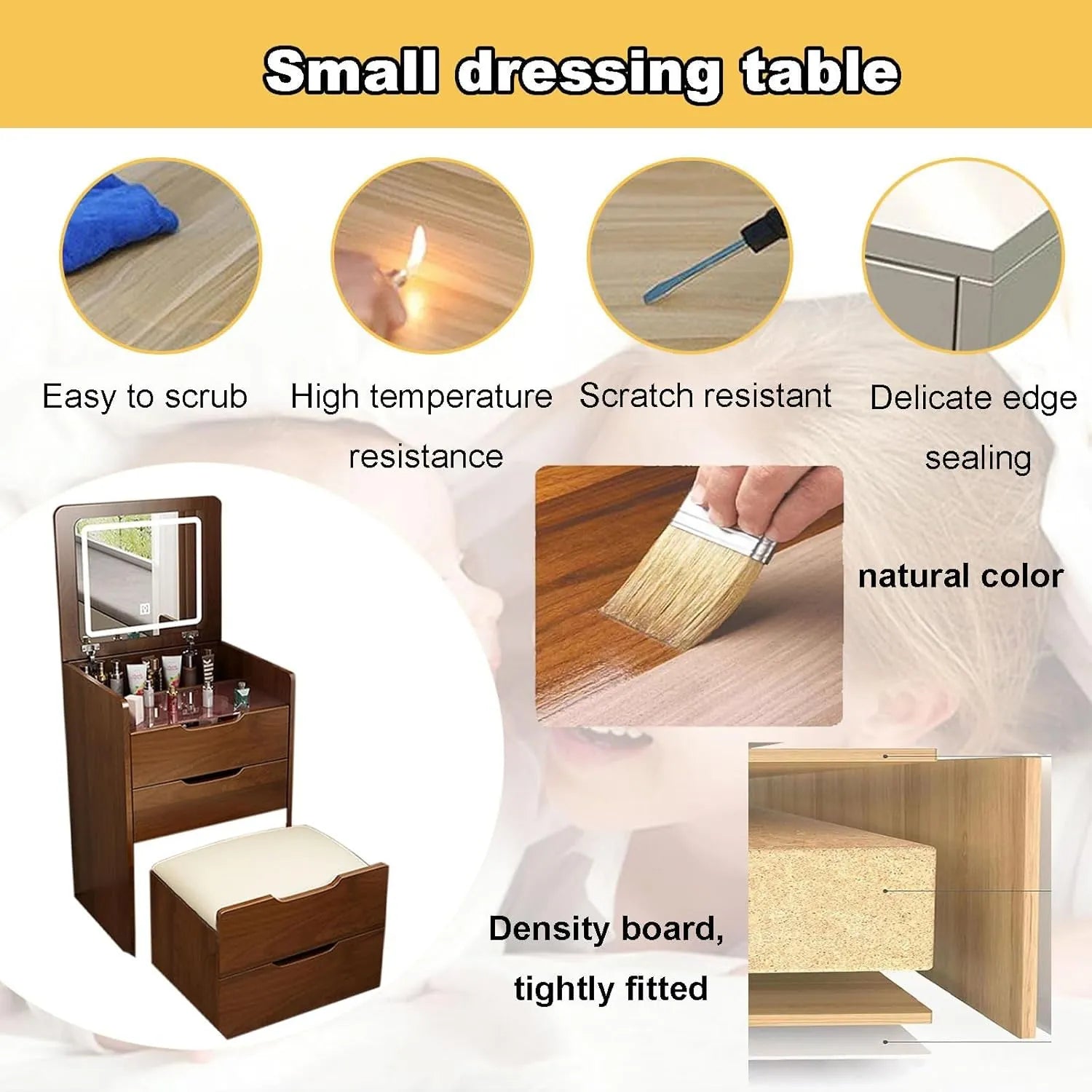 Compact Flip-Top Makeup Vanity with Lighted Mirror and Glass Desktop – 48 cm / Walnut – view 5