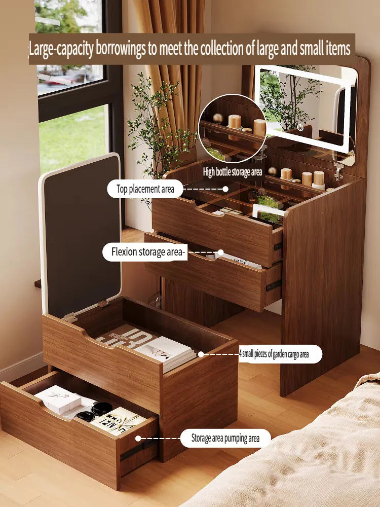 Compact Flip-Top Makeup Vanity with Lighted Mirror and Glass Desktop – 48 cm / Walnut – view 6