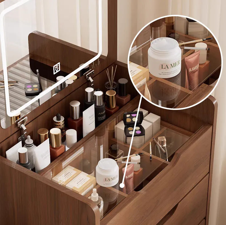 Compact Flip-Top Makeup Vanity with Lighted Mirror and Glass Desktop – 48 cm / Walnut – view 8