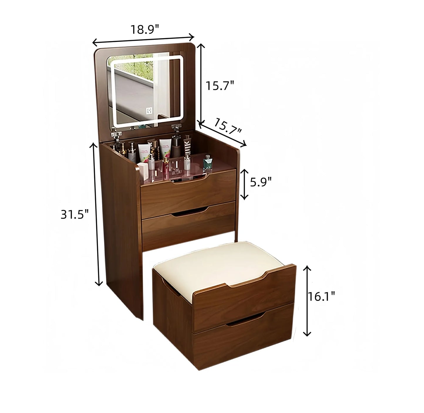 Compact Flip-Top Makeup Vanity with Lighted Mirror and Glass Desktop – 48 cm / Walnut – view 10
