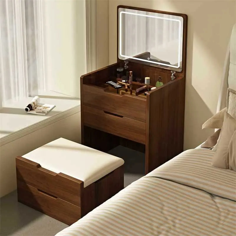Compact Flip-Top Makeup Vanity with Lighted Mirror and Glass Desktop – 48 cm / Walnut – view 12