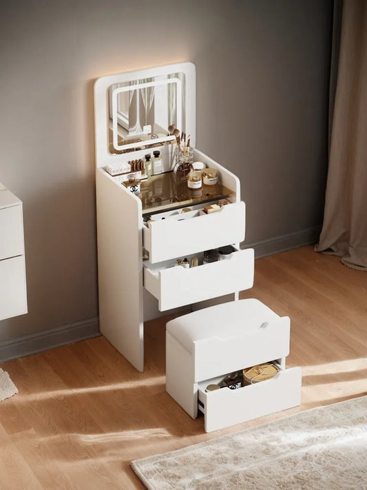 Compact Flip-Top Makeup Vanity with Lighted Mirror and Glass Desktop – 48 cm / White – view 1