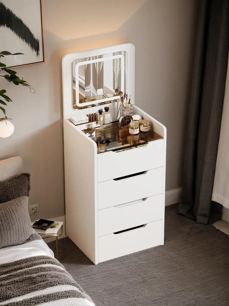 Compact Flip-Top Makeup Vanity with Lighted Mirror and Glass Desktop – 48 cm / White – view 2