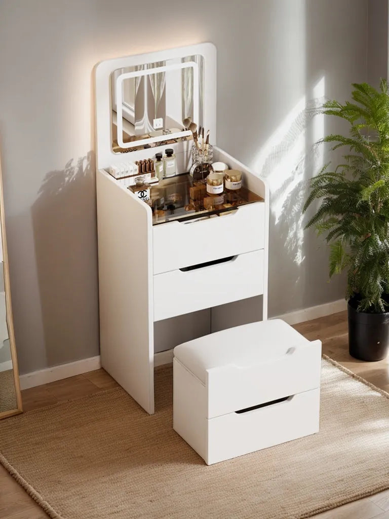 Compact Flip-Top Makeup Vanity with Lighted Mirror and Glass Desktop – 48 cm / White – view 3