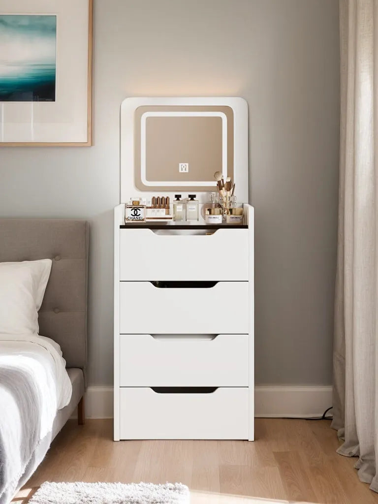 Compact Flip-Top Makeup Vanity with Lighted Mirror and Glass Desktop – 48 cm / White – view 4