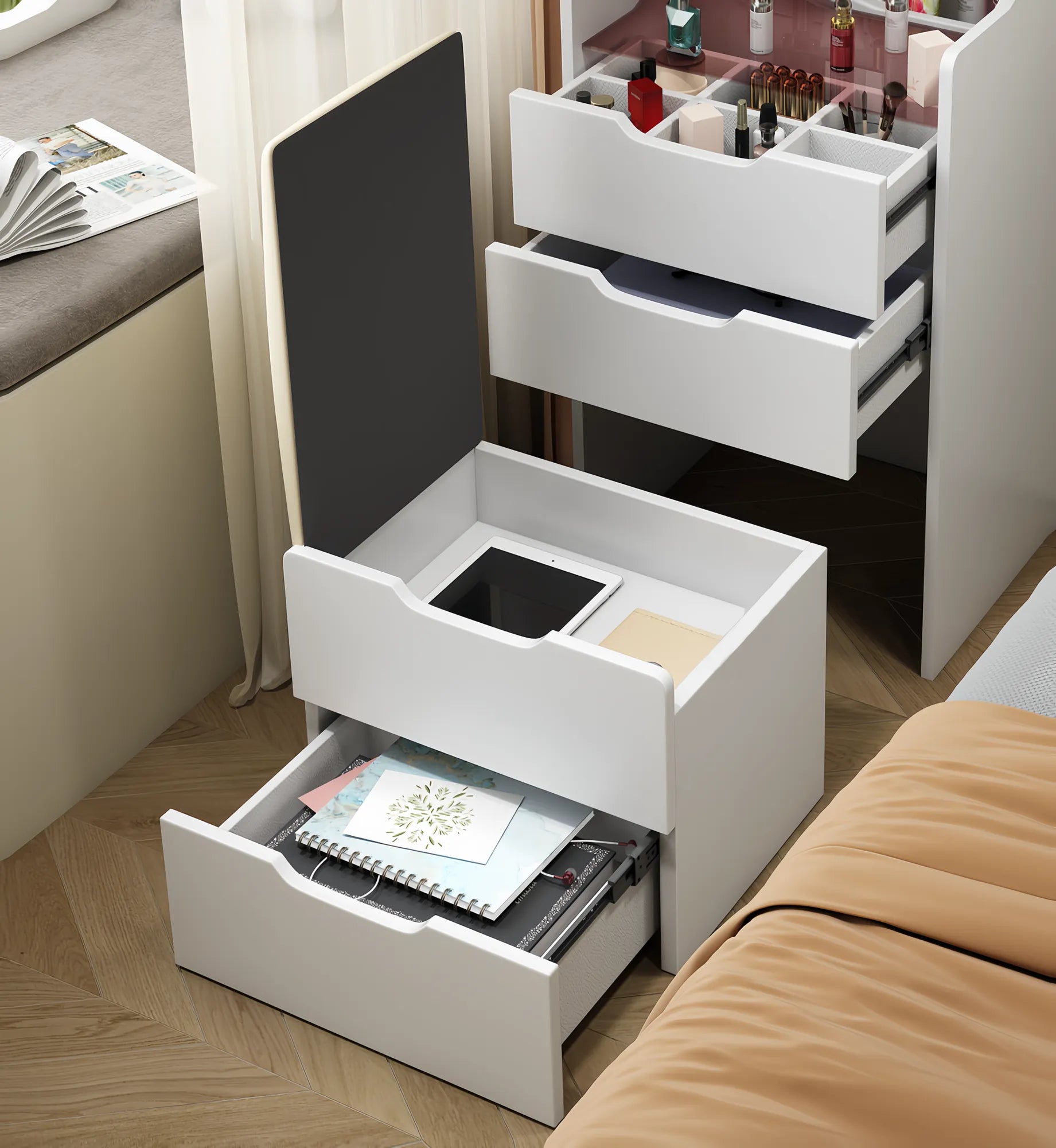 Compact Flip-Top Makeup Vanity with Lighted Mirror and Glass Desktop – 48 cm / White – view 5