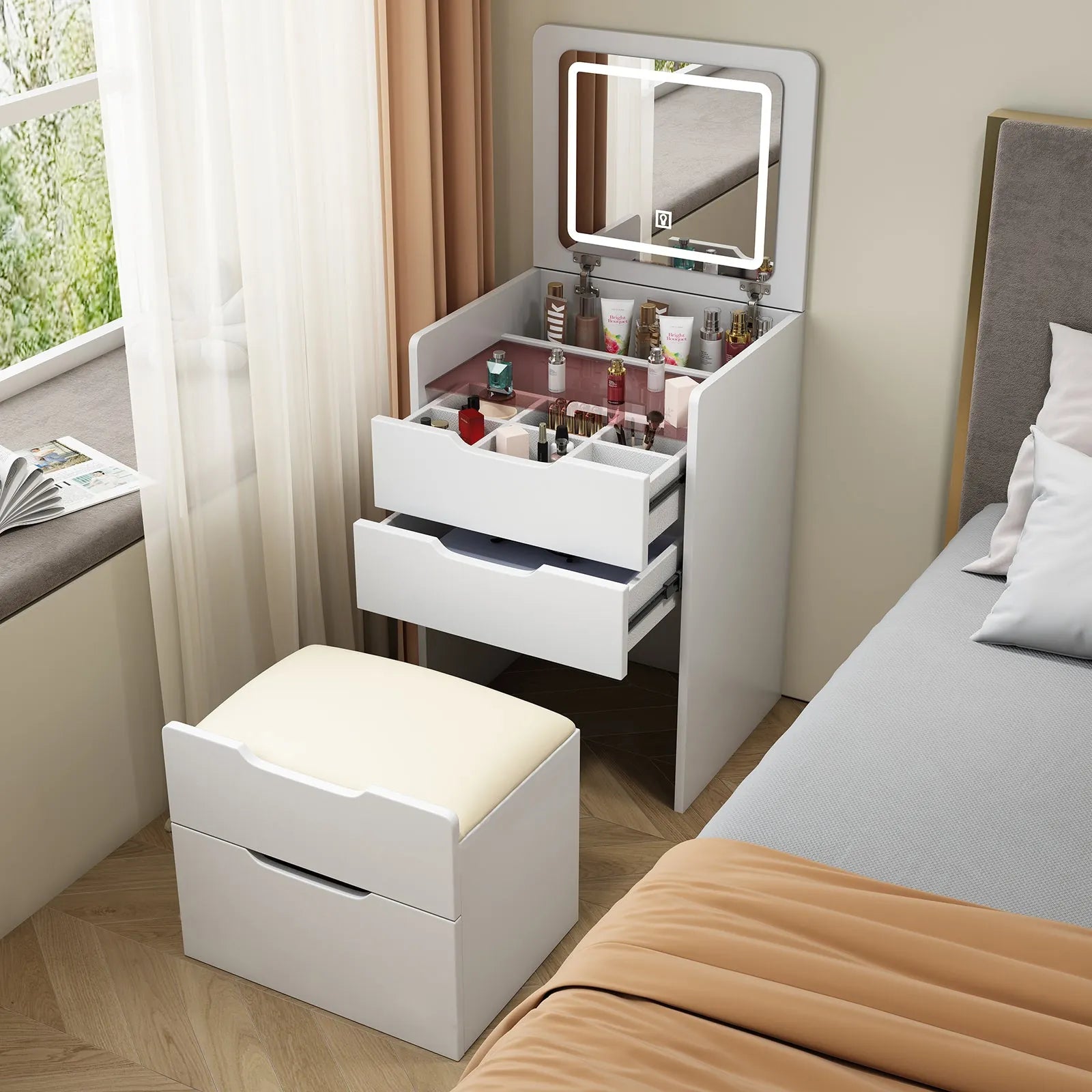Compact Flip-Top Makeup Vanity with Lighted Mirror and Glass Desktop – 48 cm / White – view 6