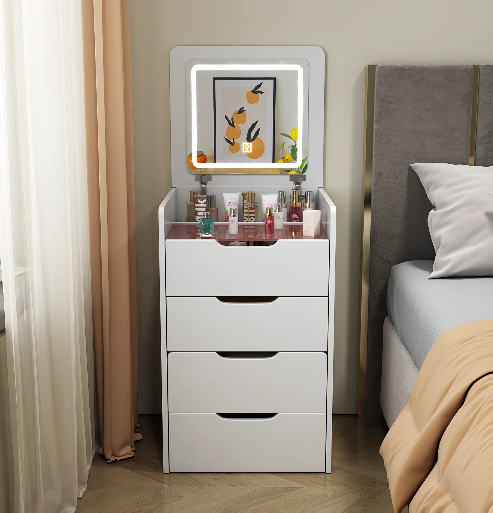 Compact Flip-Top Makeup Vanity with Lighted Mirror and Glass Desktop – 48 cm / White – view 7