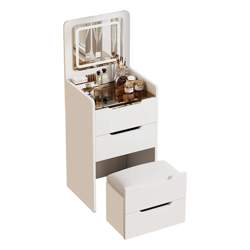 Compact Flip-Top Makeup Vanity with Lighted Mirror and Glass Desktop – 48 cm / White – view 8