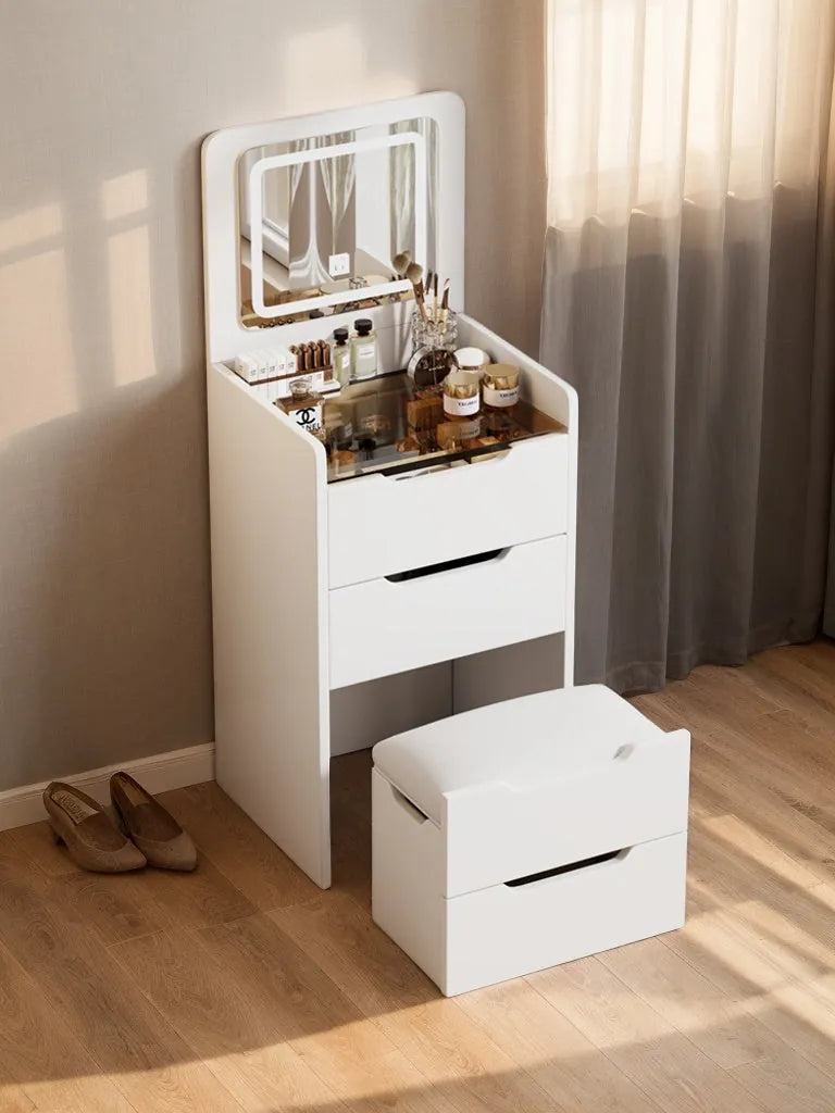 Compact Flip-Top Makeup Vanity with Lighted Mirror and Glass Desktop – 48 cm / White – view 9