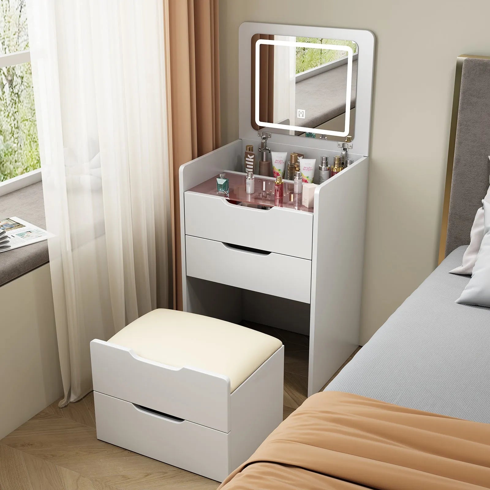 Compact Flip-Top Makeup Vanity with Lighted Mirror and Glass Desktop – 48 cm / White – view 10
