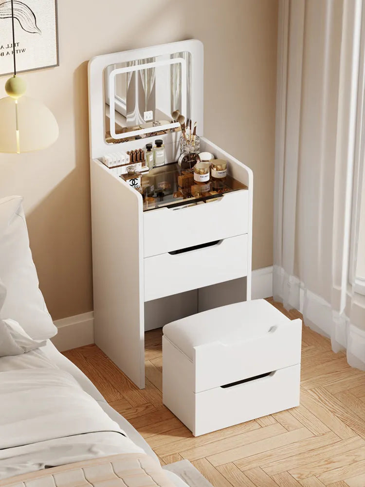 Compact Flip-Top Makeup Vanity with Lighted Mirror and Glass Desktop – 48 cm / White – view 12