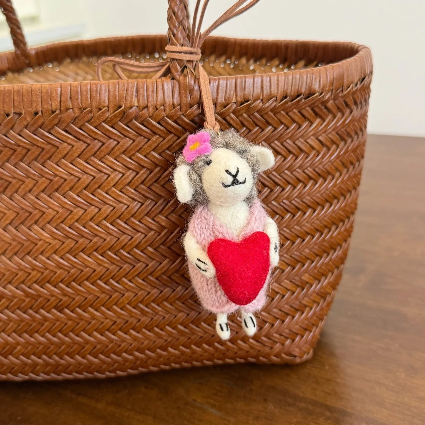 Handmade wool felt sheep bag charm – gray curl pink sweater sheep