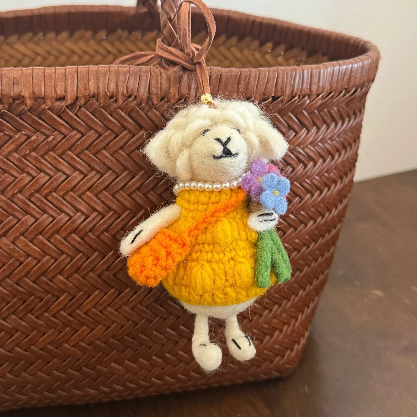lamb bouquet handmade wool felt bag charm