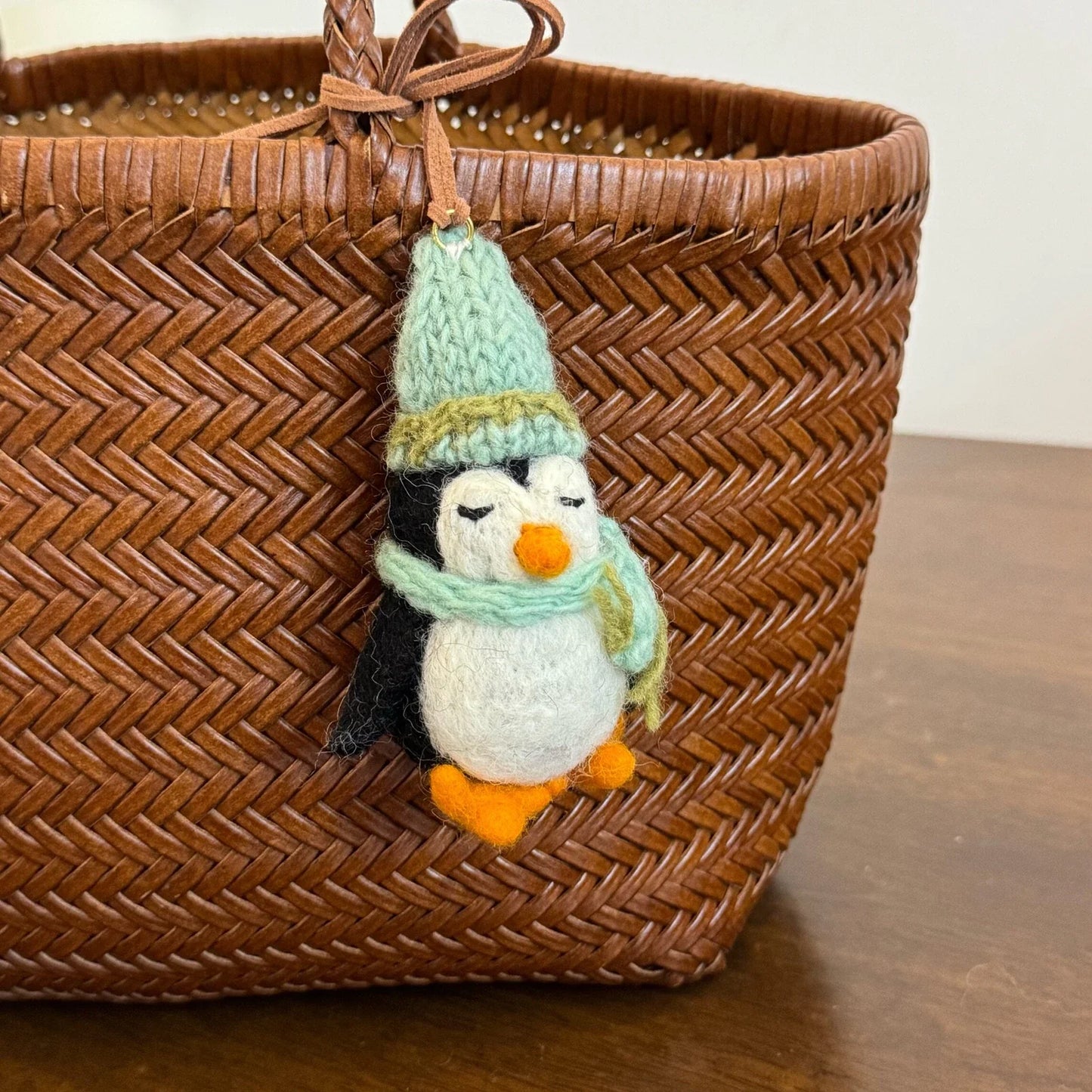 green penguin handmade wool felt bag charm