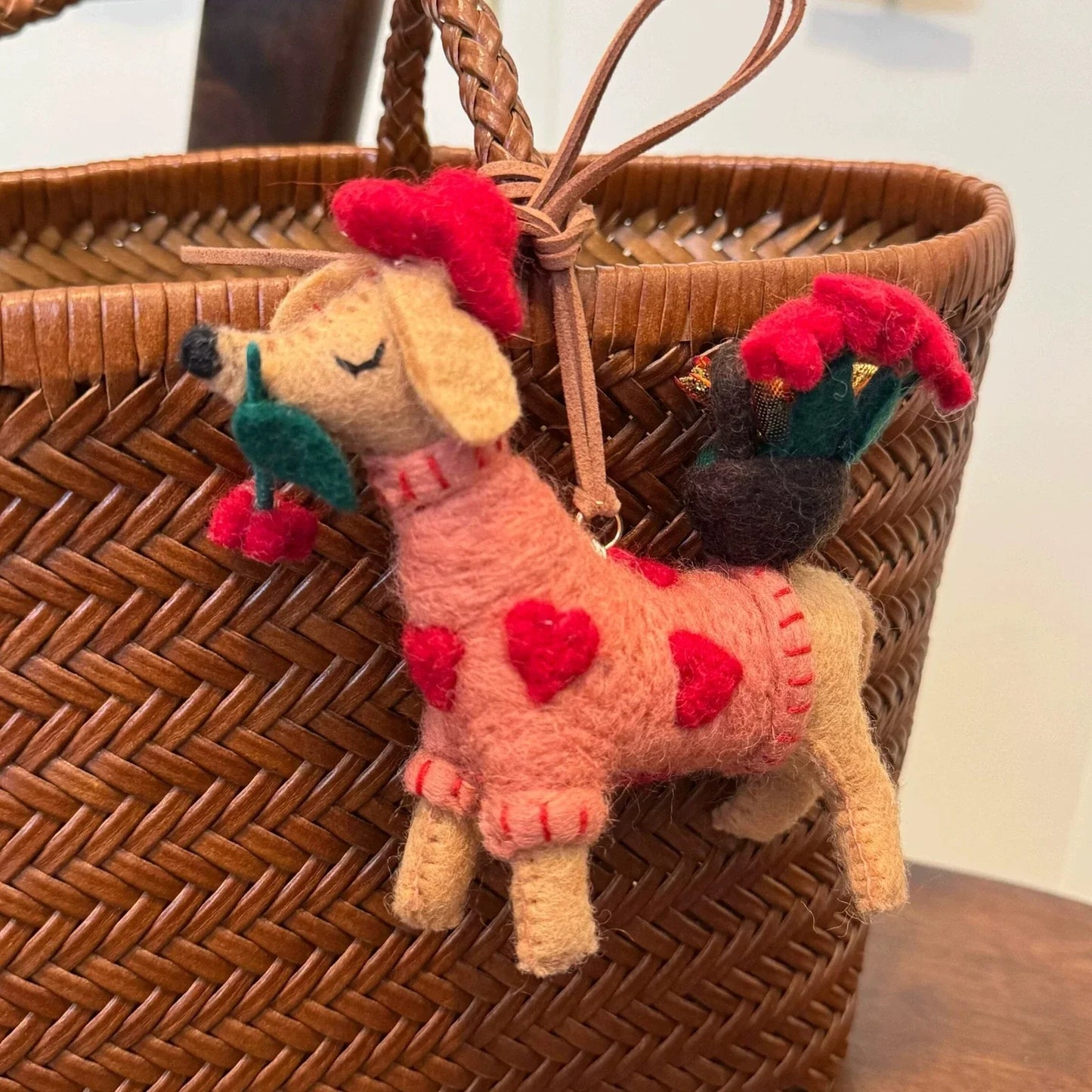 rose puppy handmade wool felt bag charm