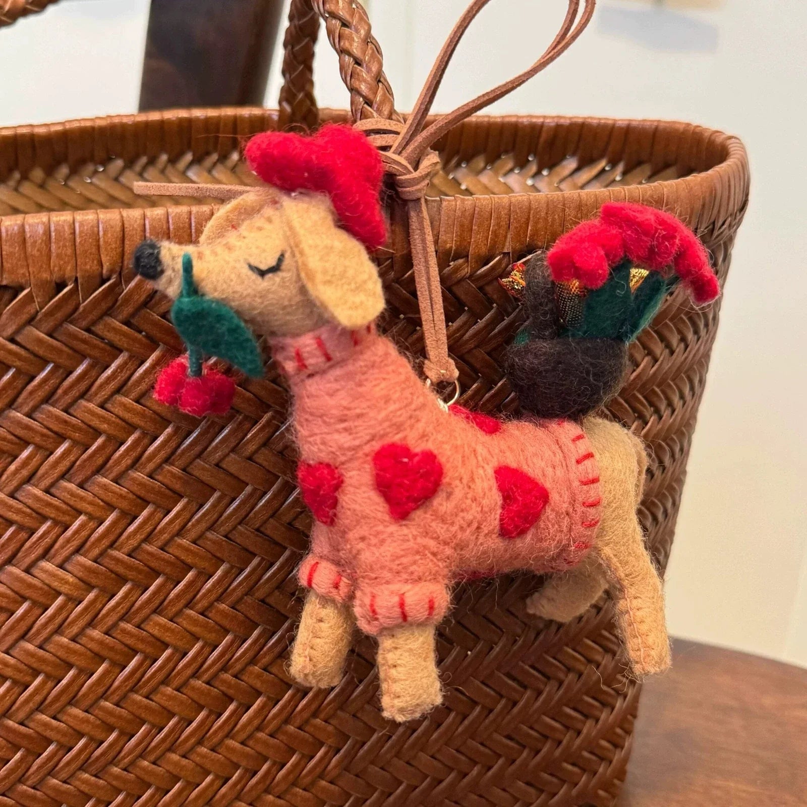 rose puppy handmade wool felt bag charm