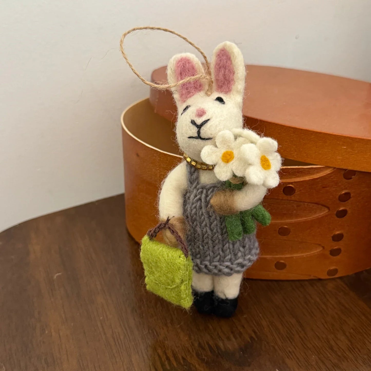 Blue Rabbit with Flowers handmade wool felt bag charm and keychain