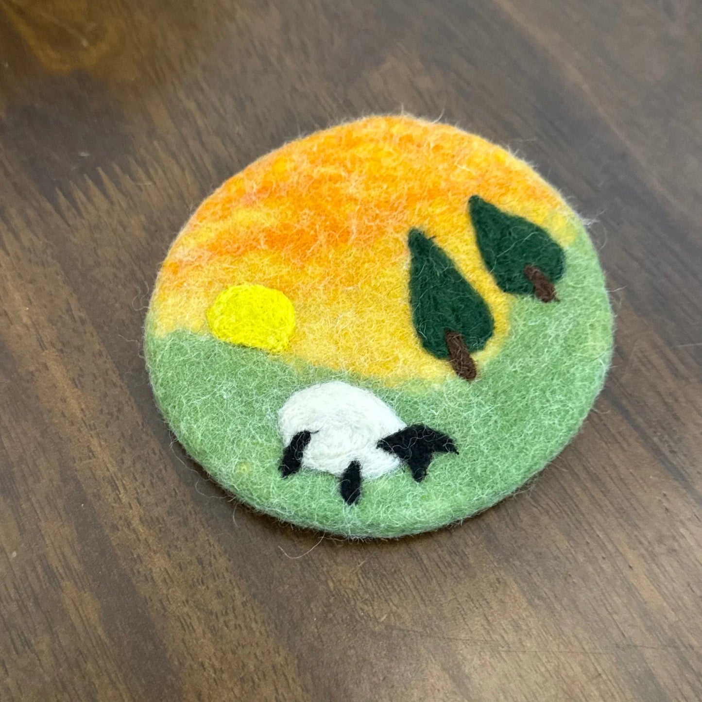 Handmade Orange Sky Green Meadow 10 cm Wool Felt Coaster
