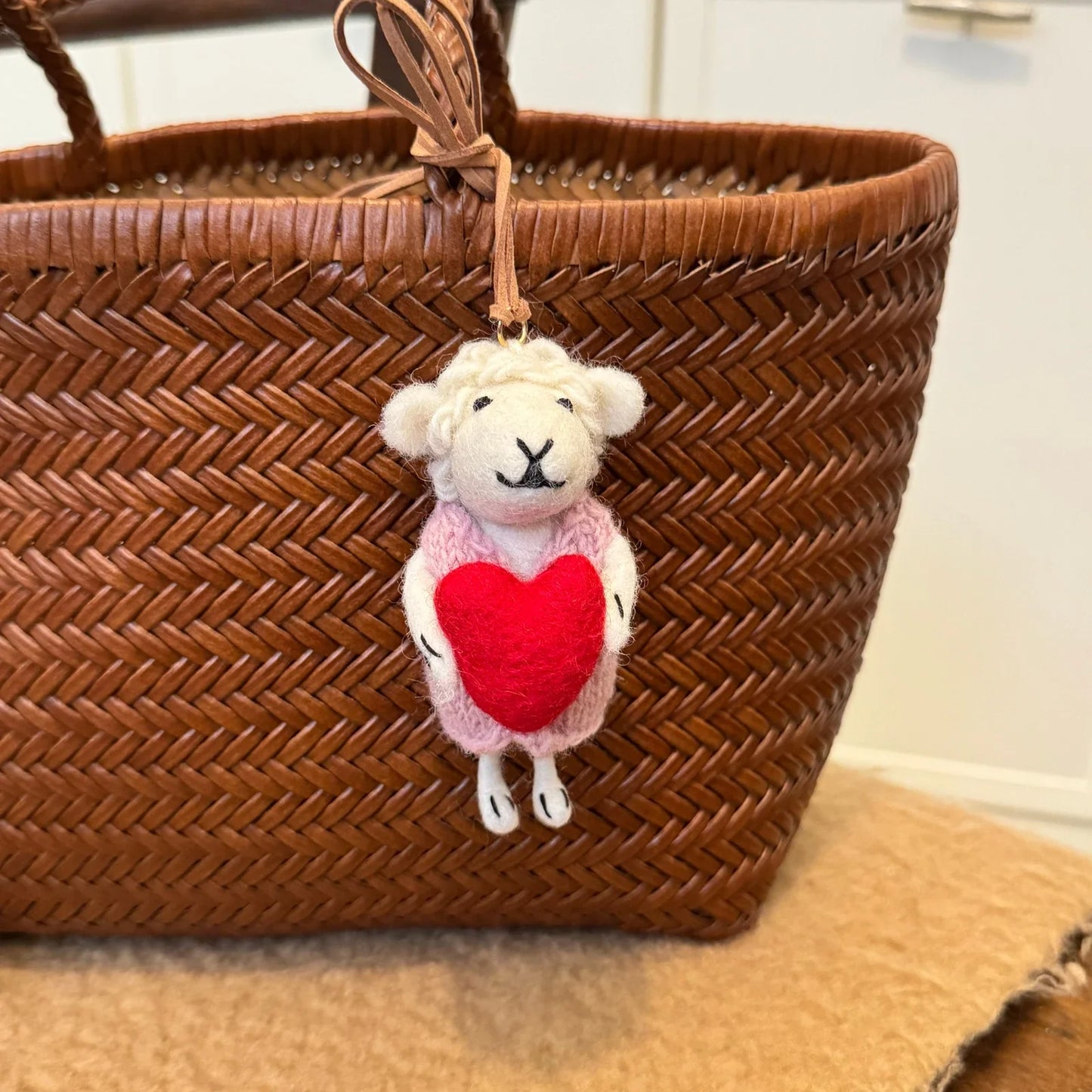 Handmade wool felt sheep bag charm – pink sweater sheep