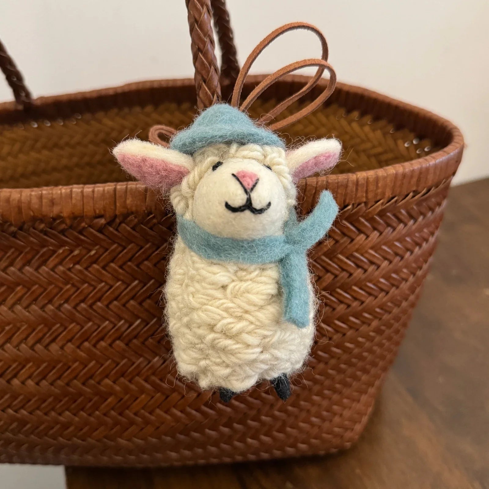 Handmade wool felt sheep bag charm – blue hat sheep