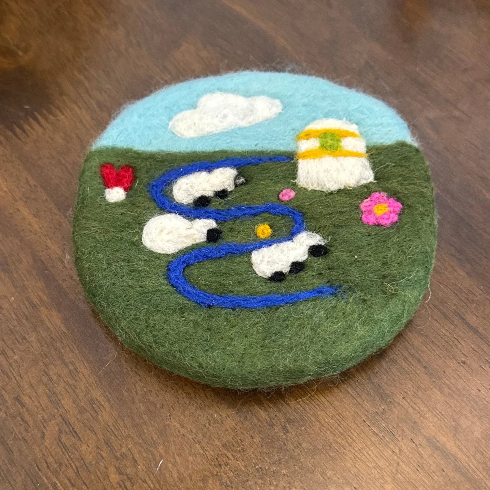 Handmade Camping Sheep 13 cm Wool Felt Coaster