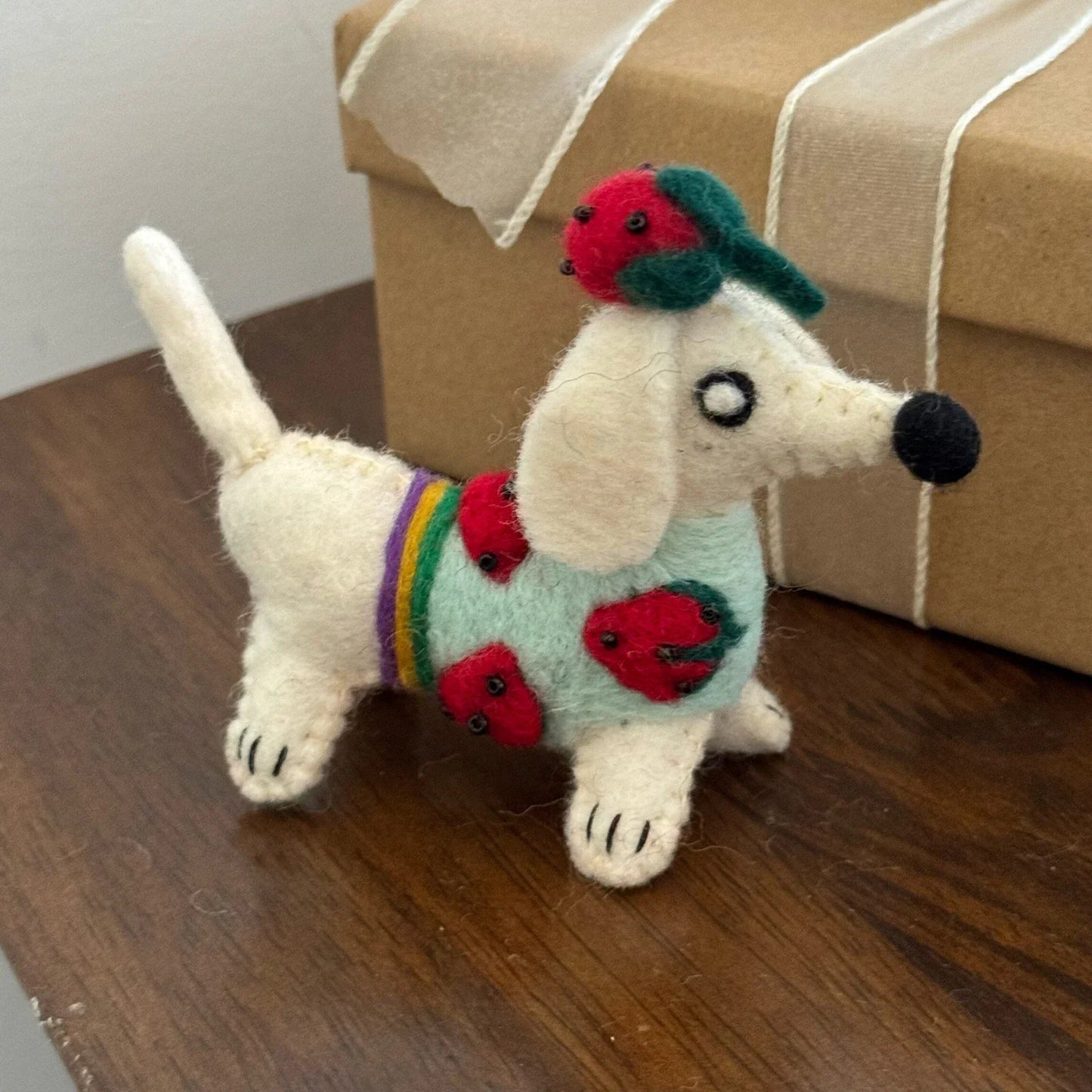 White Strawberry Dog handmade wool felt bag charm and keychain
