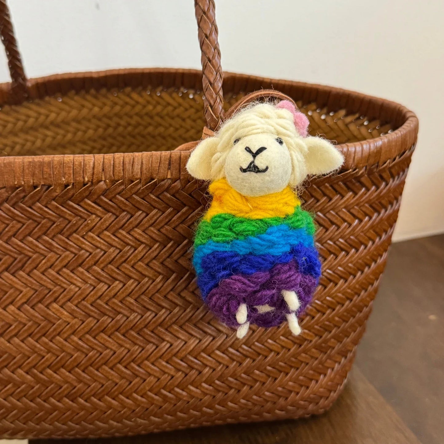 Handmade wool felt sheep bag charm – multicolor pink flower sheep