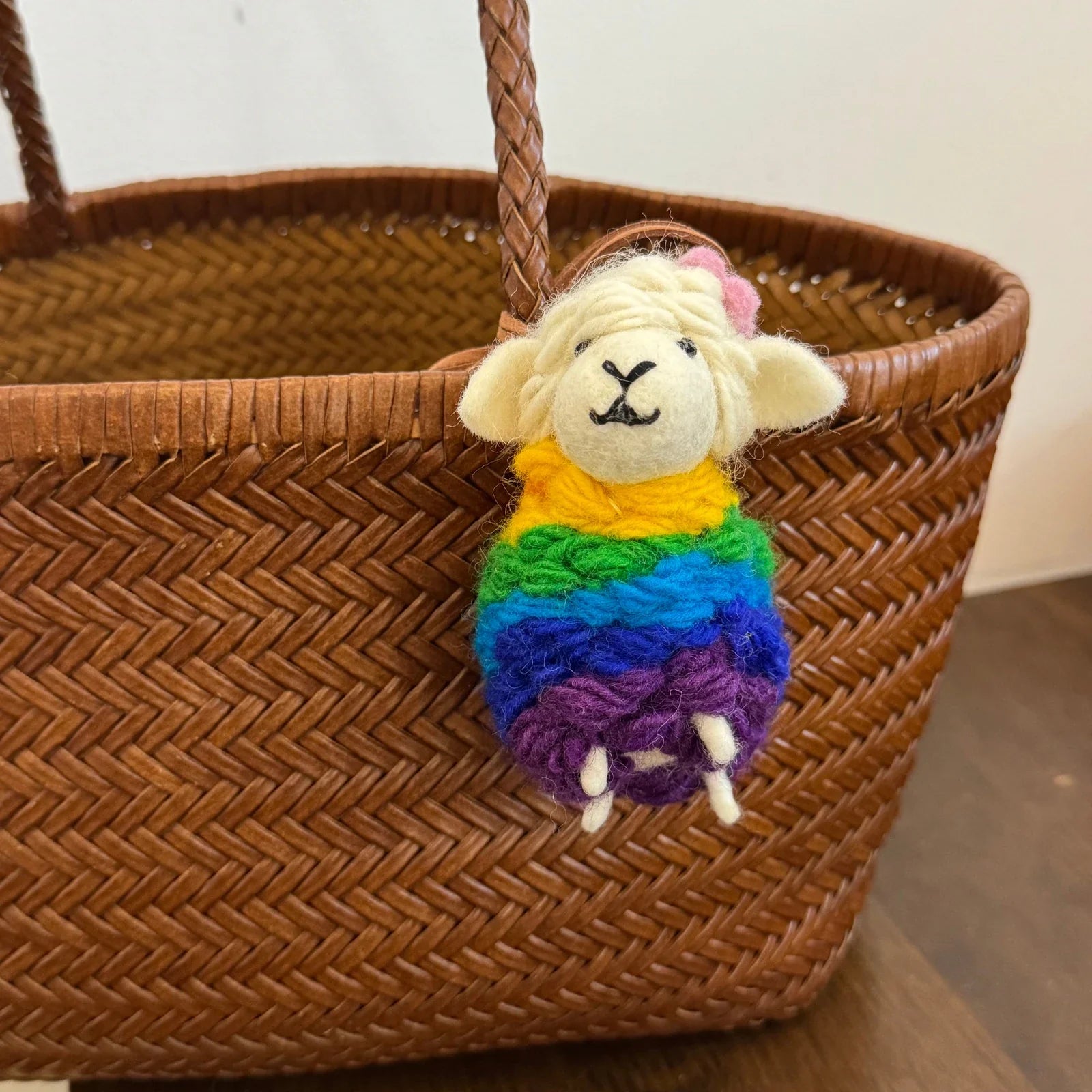 Handmade wool felt sheep bag charm – multicolor pink flower sheep