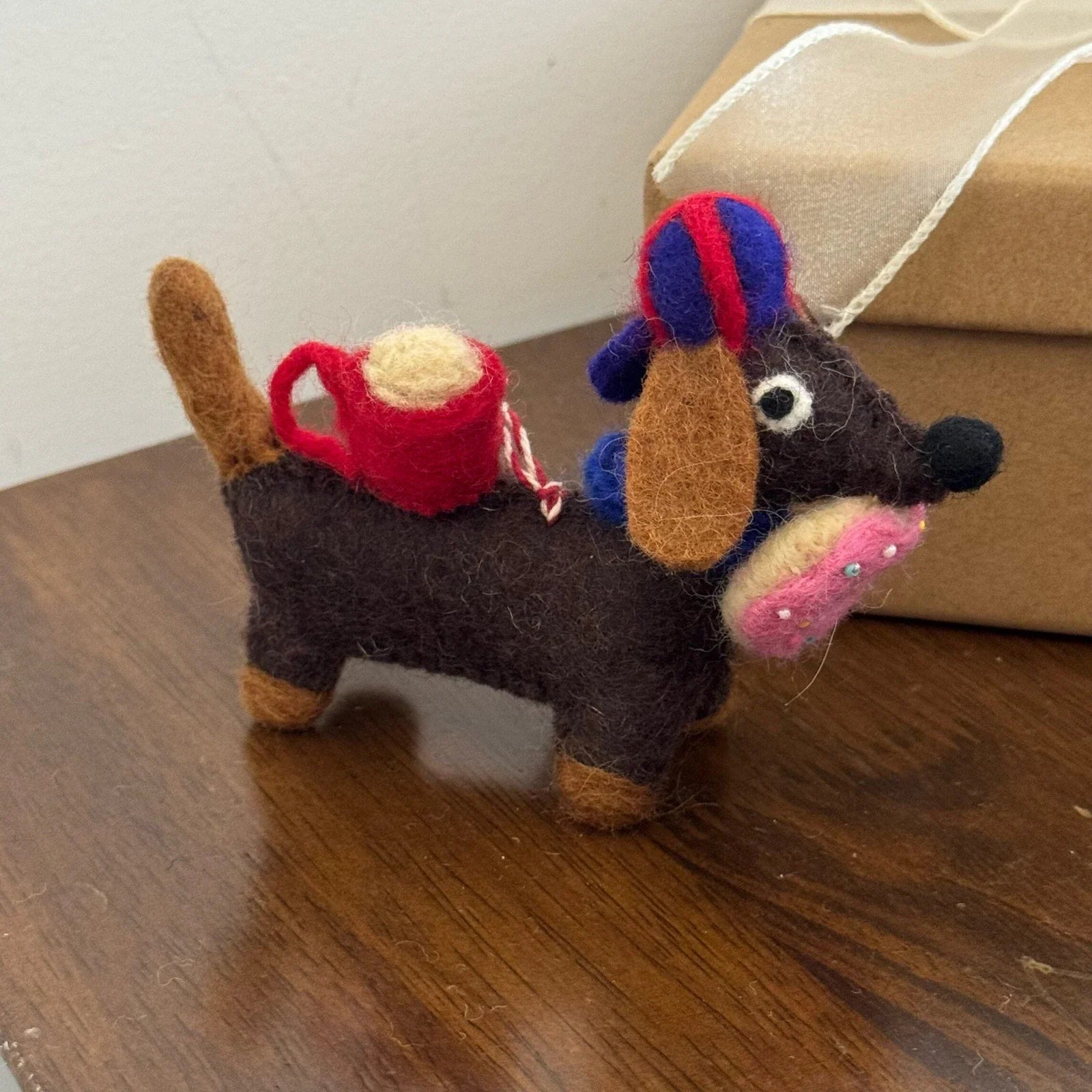 Breakfast Dog handmade wool felt bag charm and keychain