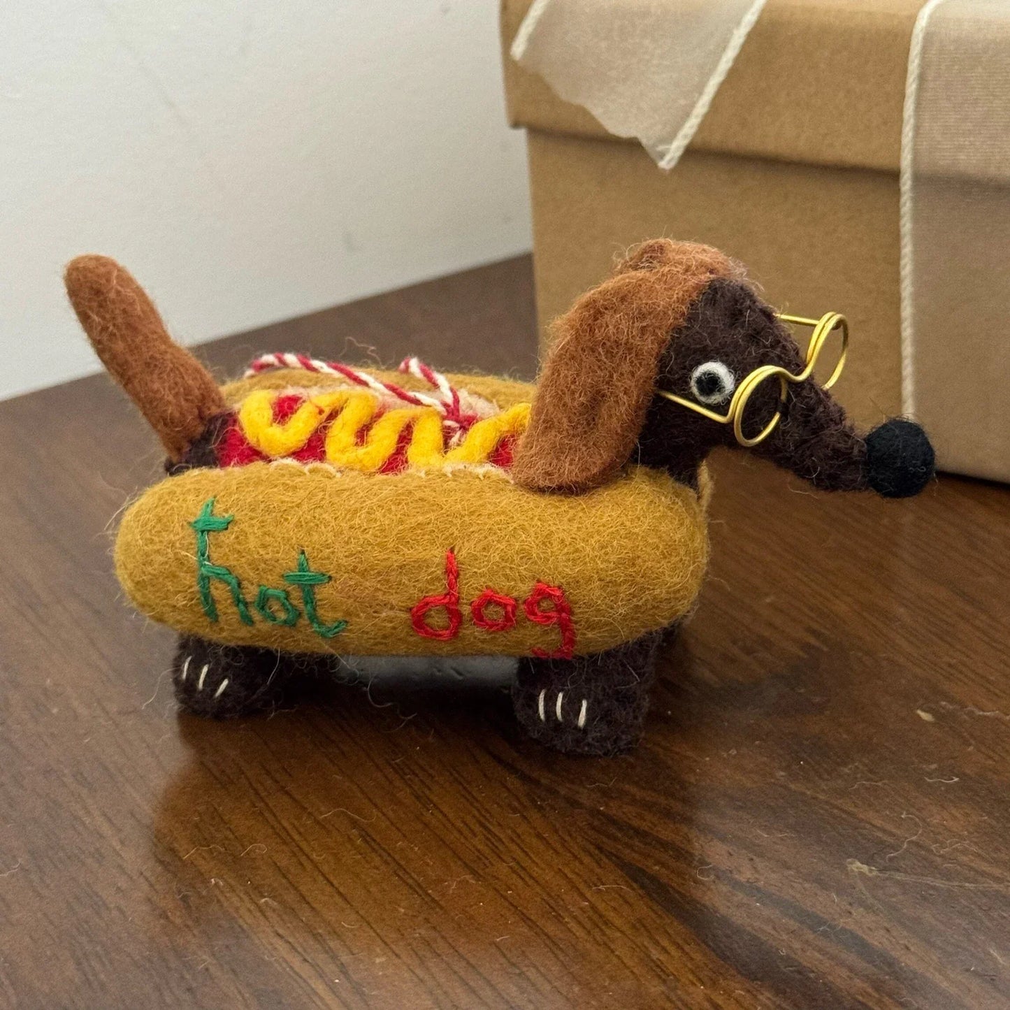 Hot Dog Dachshund handmade wool felt bag charm and keychain