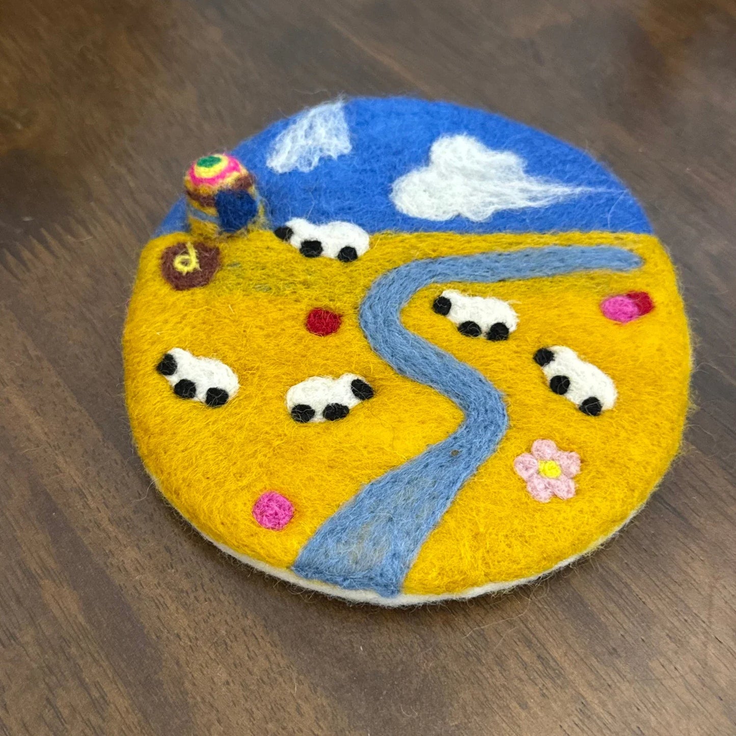 Handmade Yellow Meadow Sheep 13 cm Wool Felt Coaster