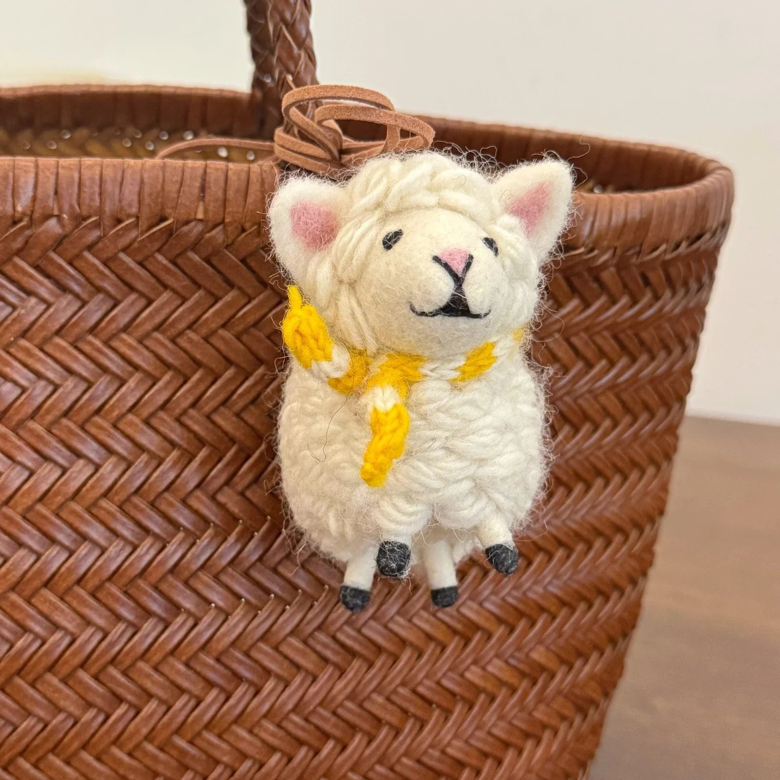 Handmade wool felt sheep bag charm – yellow scarf sheep