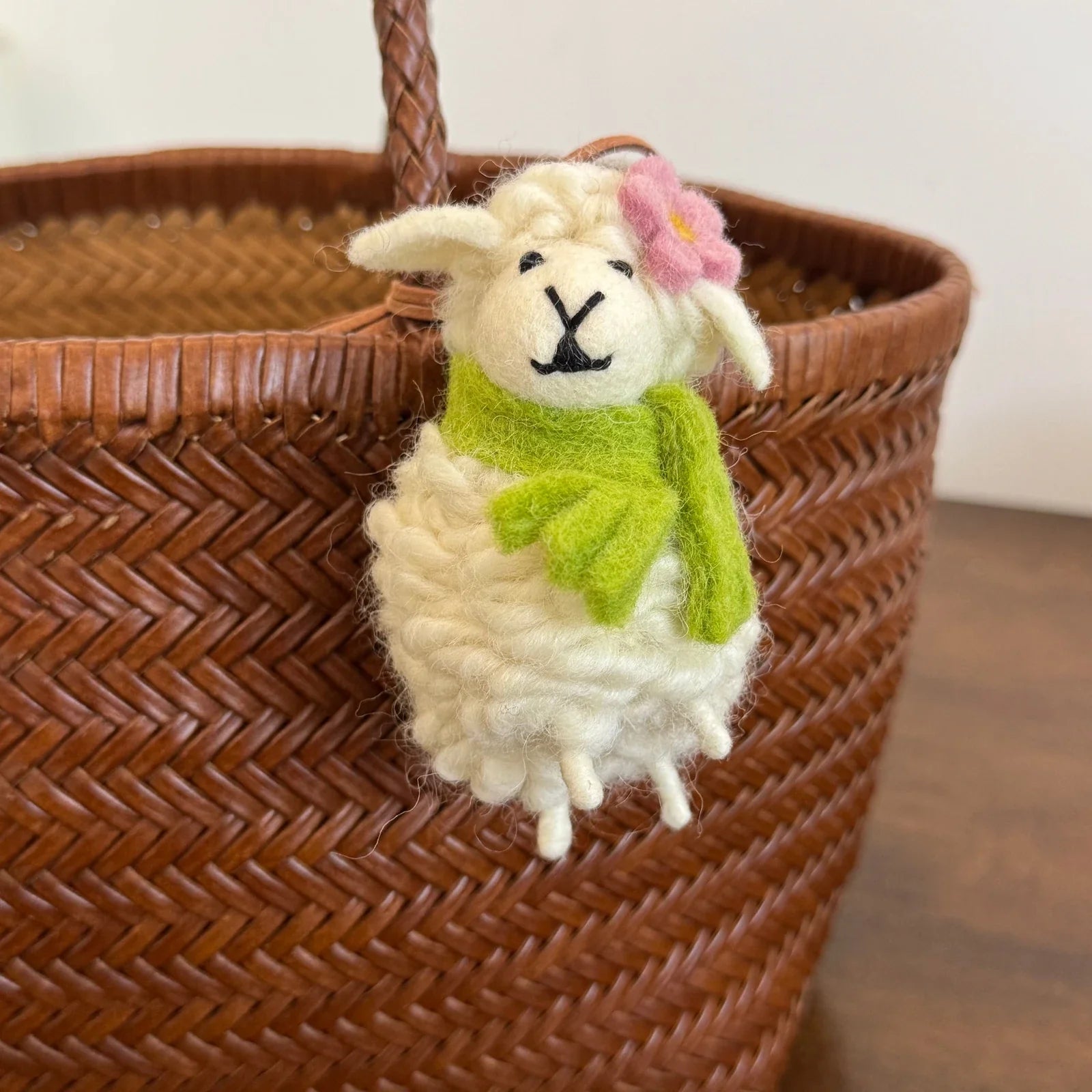 Handmade wool felt sheep bag charm – green scarf sheep