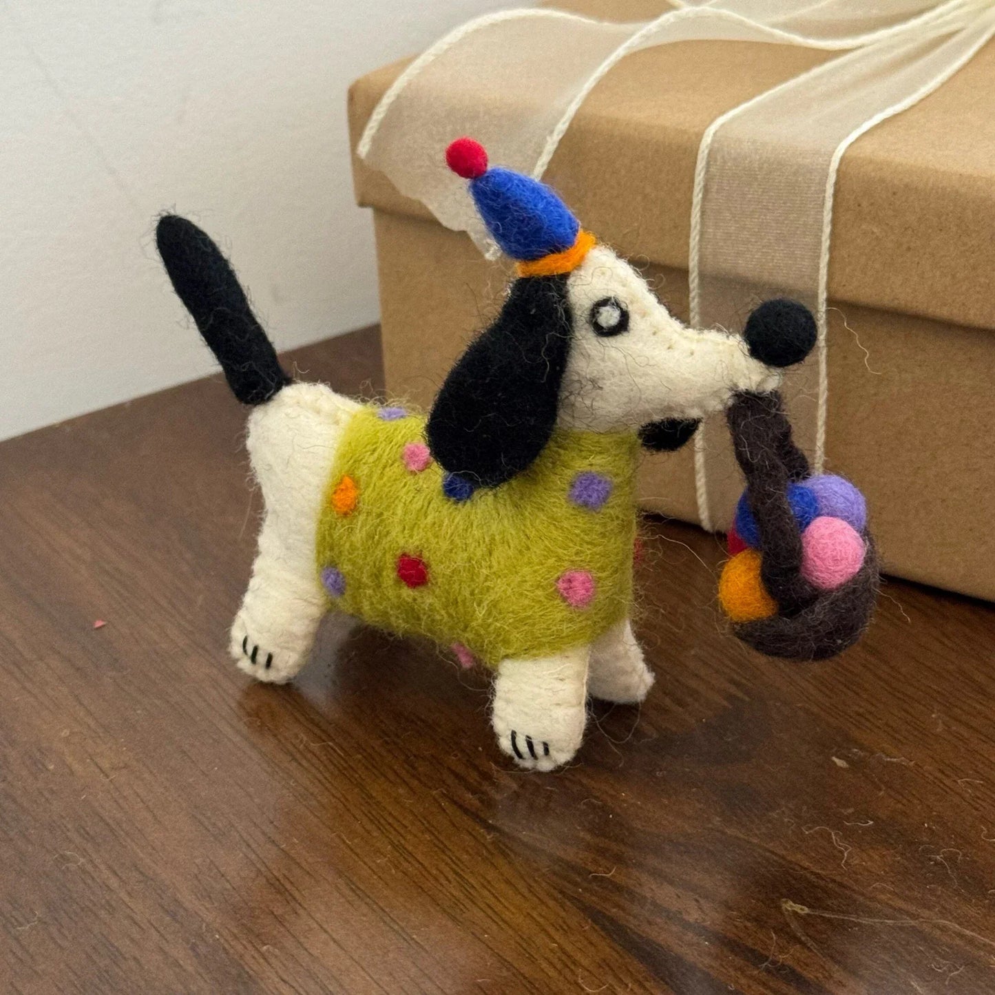 White Polka-Dot Dog handmade wool felt bag charm and keychain