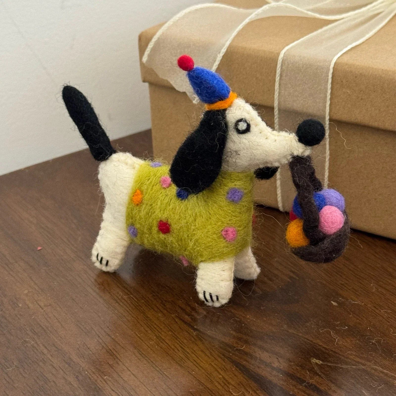 White Polka-Dot Dog handmade wool felt bag charm and keychain