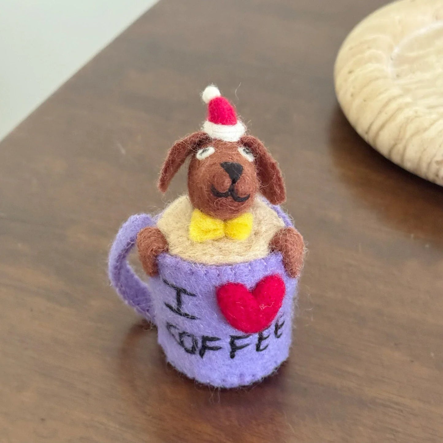 Blue Cup Dog handmade wool felt bag charm and keychain