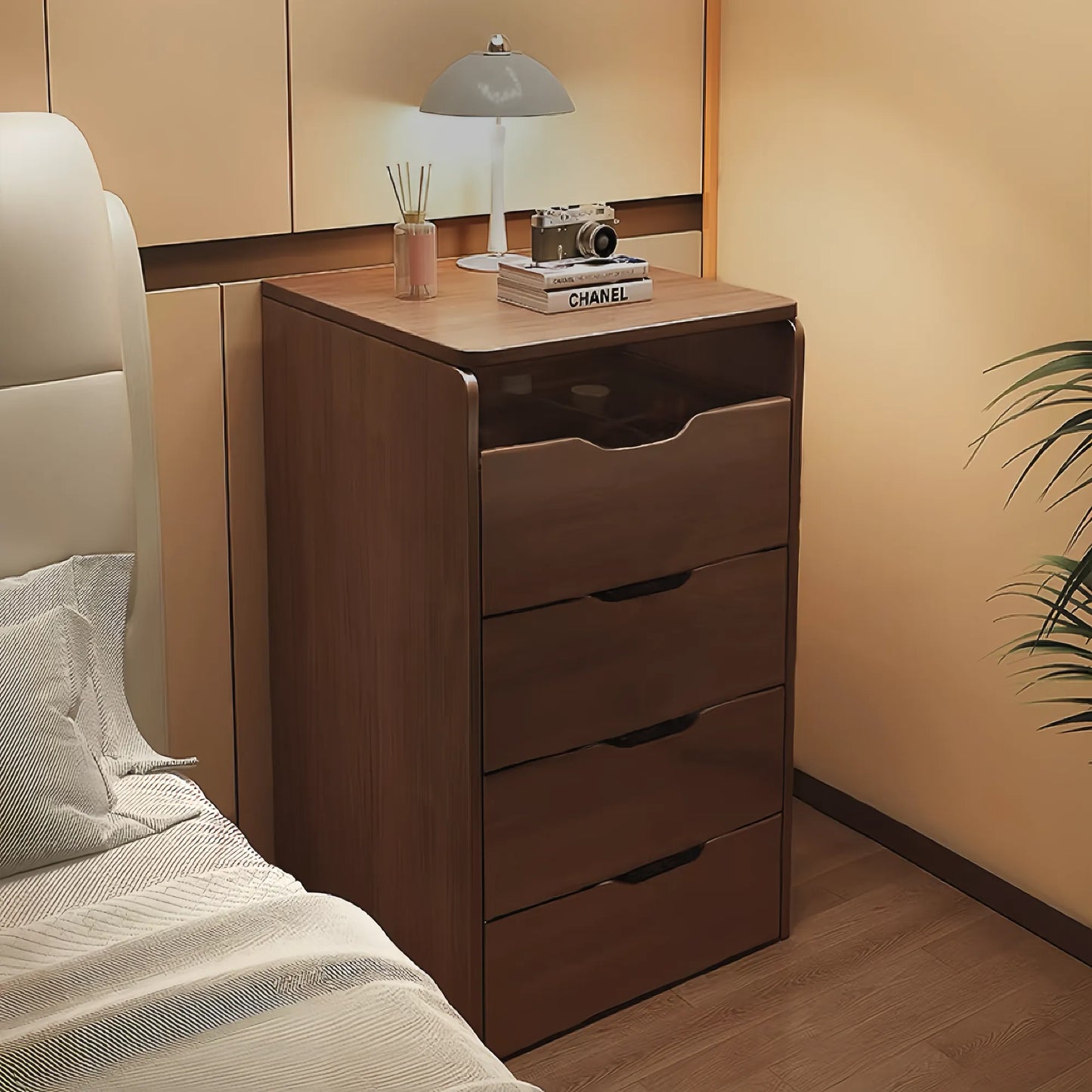 Compact Flip-Top Makeup Vanity with Lighted Mirror and Glass Desktop – 60 cm / Walnut – view 1