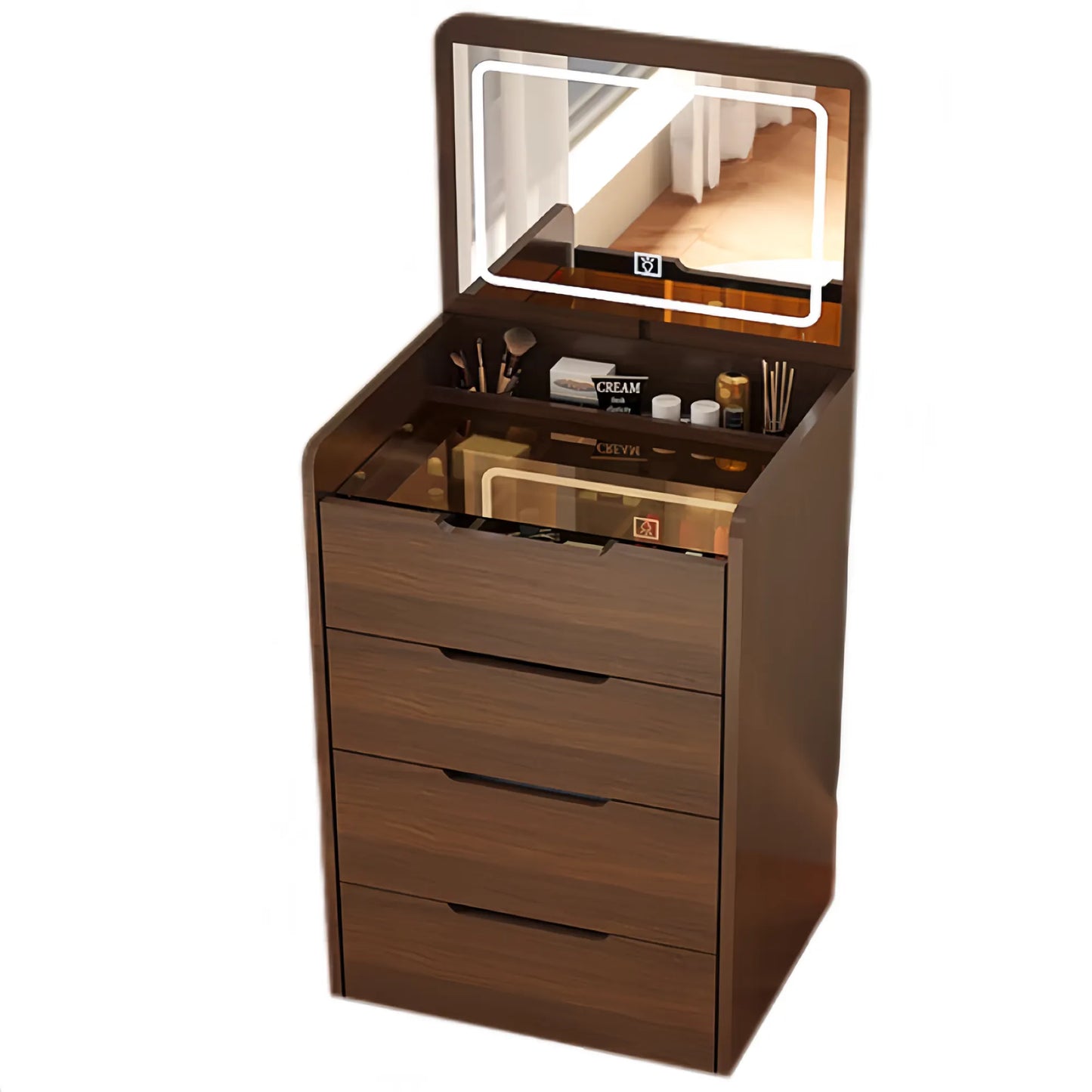 Compact Flip-Top Makeup Vanity with Lighted Mirror and Glass Desktop – 60 cm / Walnut – view 2