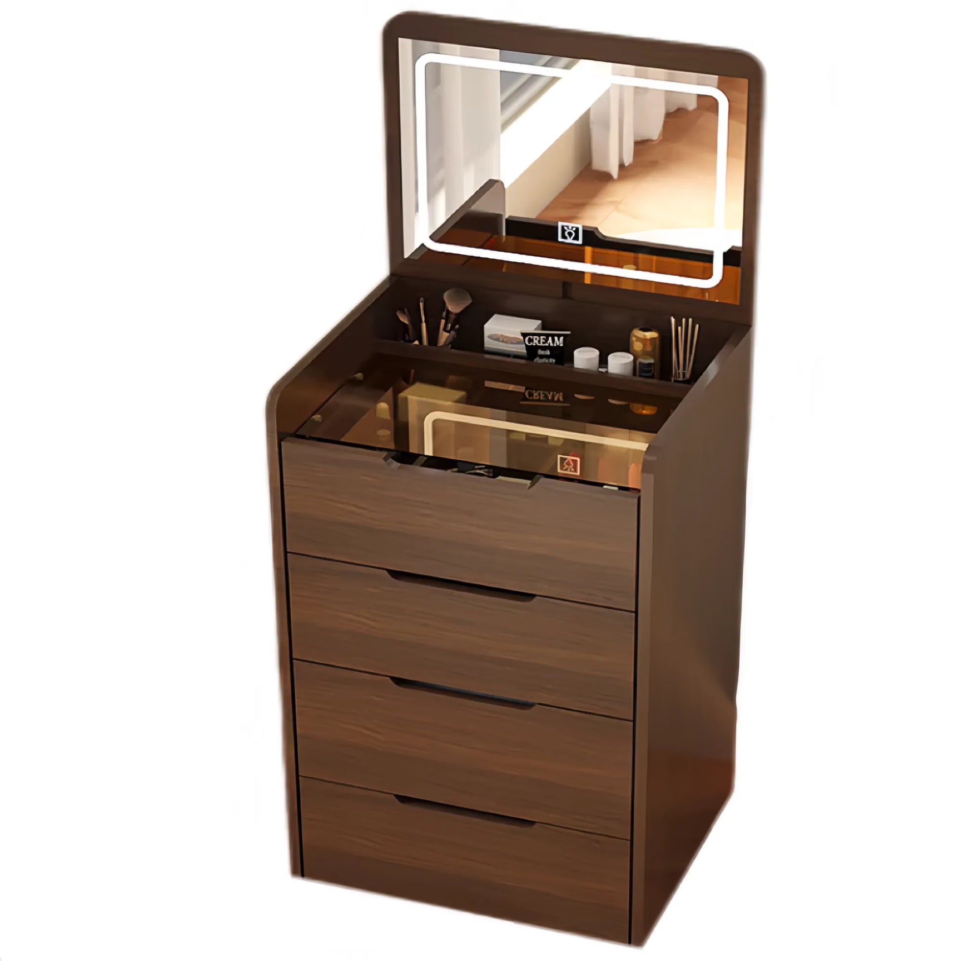 Compact Flip-Top Makeup Vanity with Lighted Mirror and Glass Desktop – 60 cm / Walnut – view 2