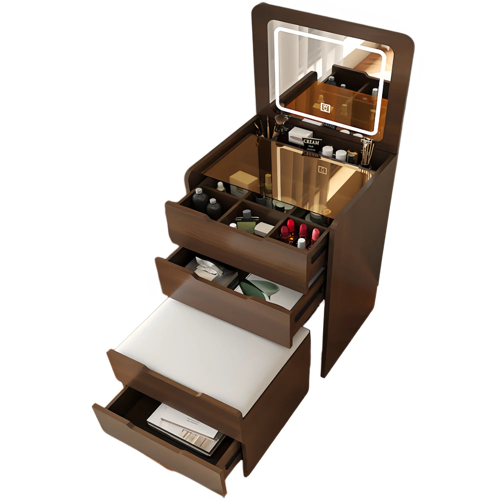 Compact Flip-Top Makeup Vanity with Lighted Mirror and Glass Desktop – 60 cm / Walnut – view 3