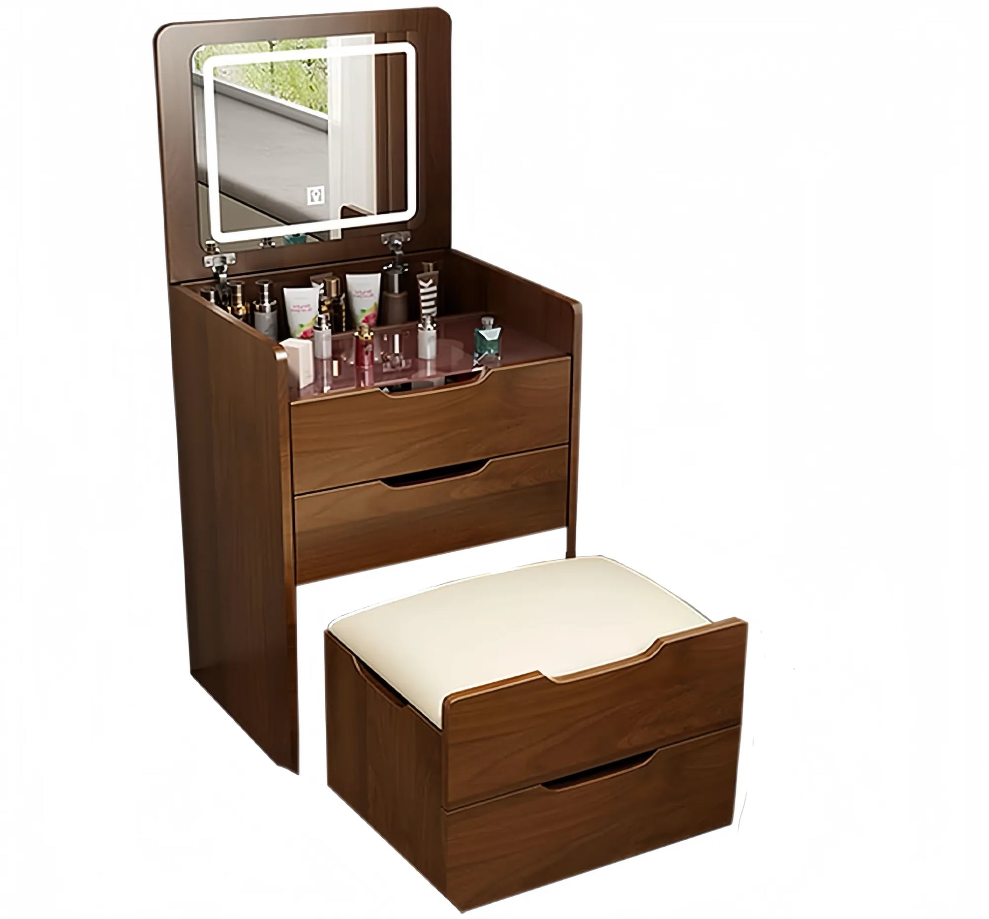 Compact Flip-Top Makeup Vanity with Lighted Mirror and Glass Desktop – 60 cm / Walnut – view 4