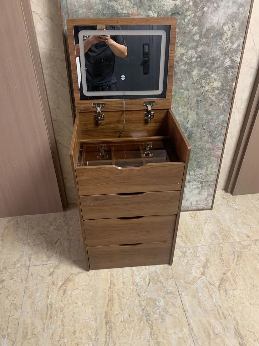 Compact Flip-Top Makeup Vanity with Lighted Mirror and Glass Desktop – 60 cm / Walnut – view 5
