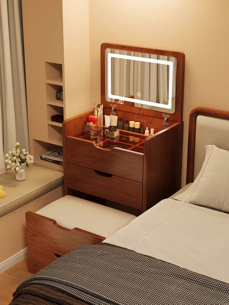 Compact Flip-Top Makeup Vanity with Lighted Mirror and Glass Desktop – 60 cm / Walnut – view 6